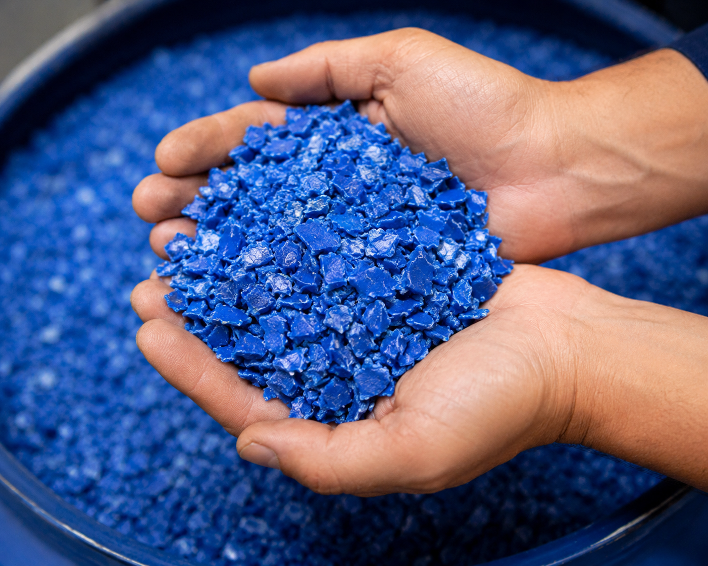 Clean blue plastic regrind flakes